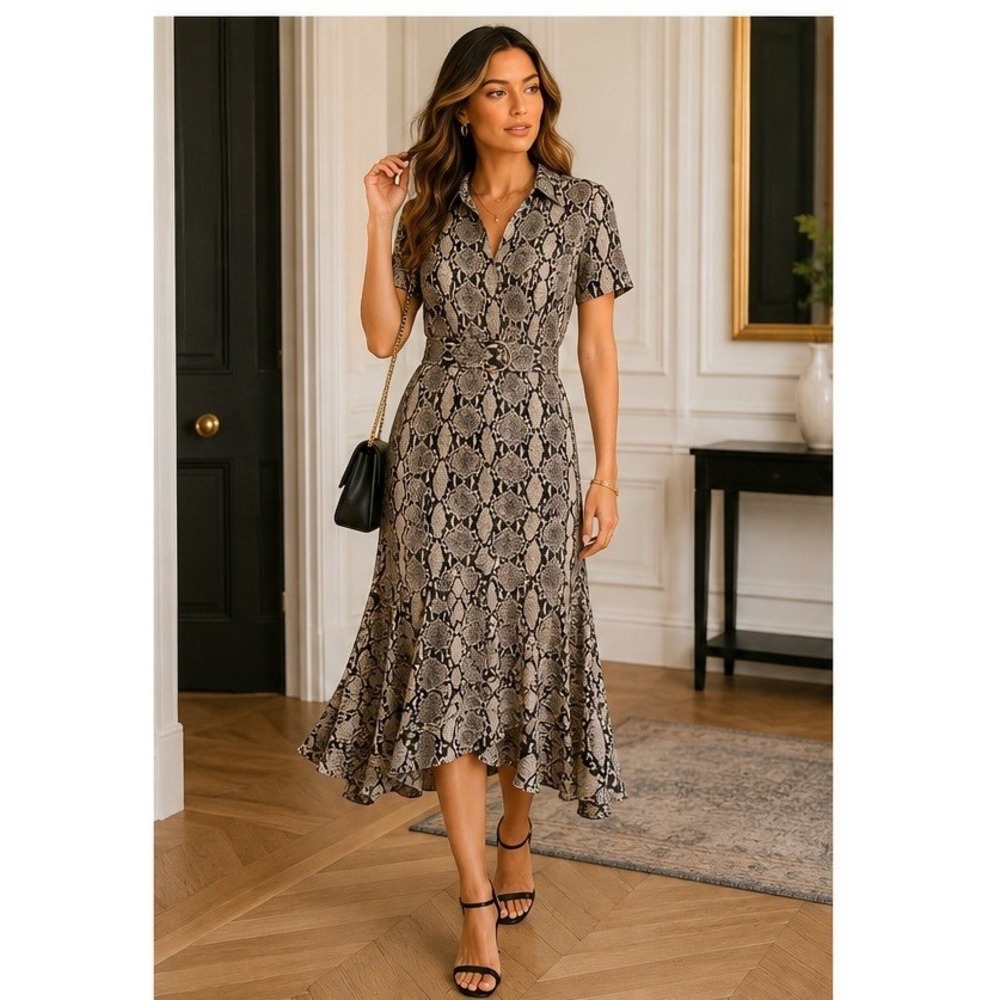 A.L.C. Snakeskin Silk Midi Dress Women 4 Mob Wife Chic Belted Ruffle Hem Grey